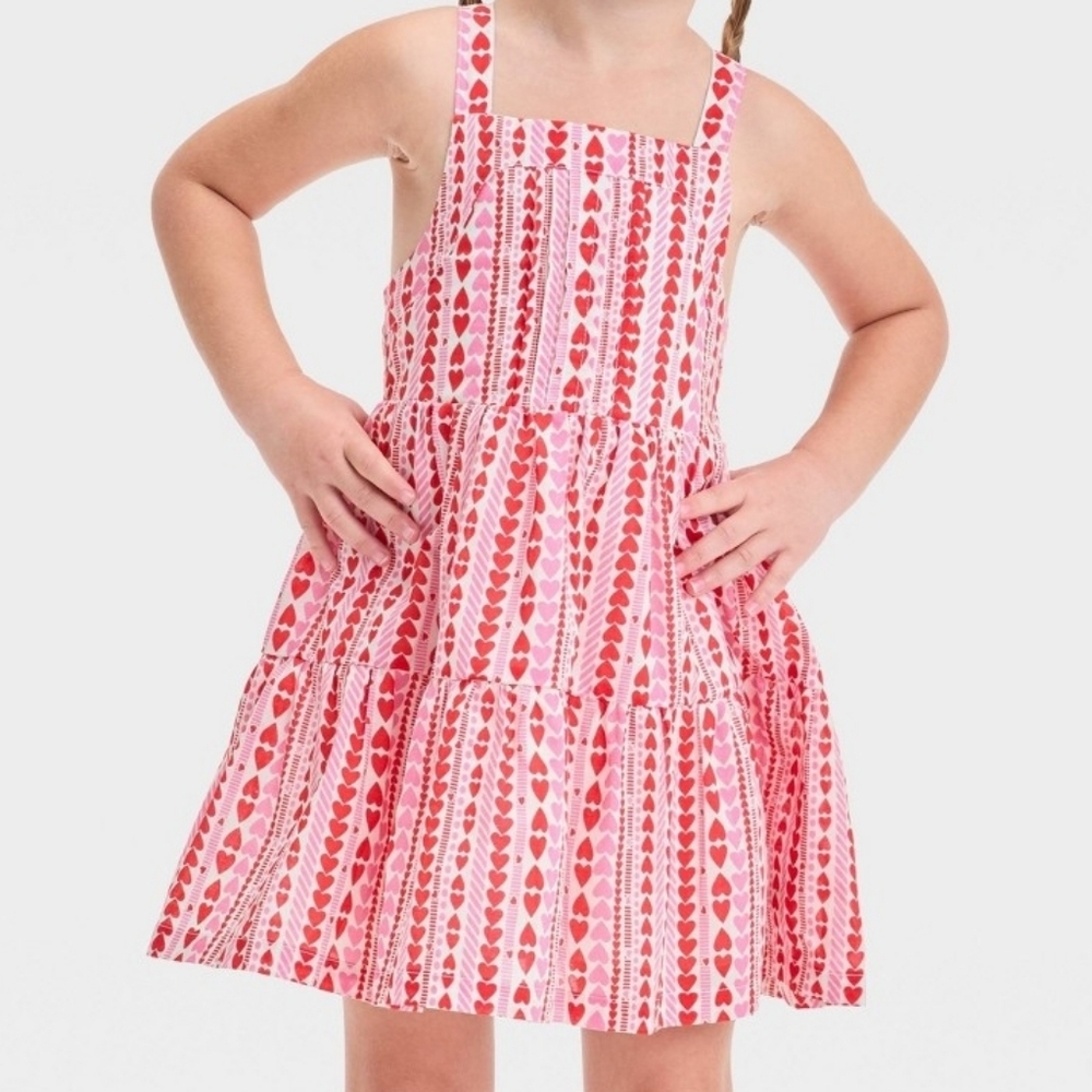 Cat & Jack Pink Heart Pattern Kids Dress - Criss Cross Straps - NWT